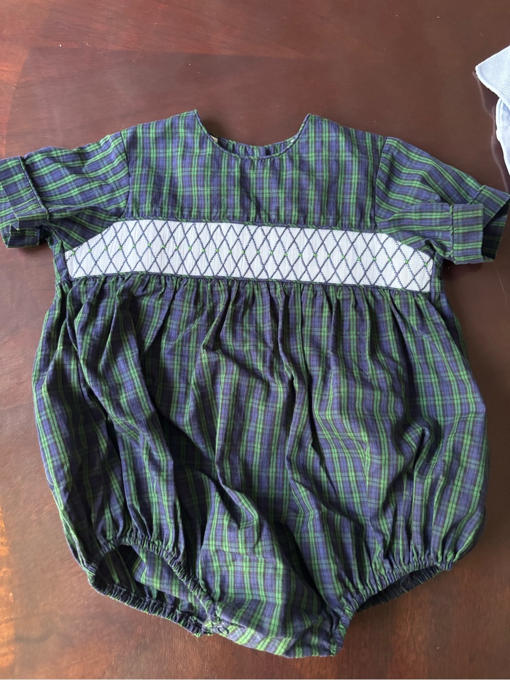 Plaid Smocked Baby Romper in Navy and Green